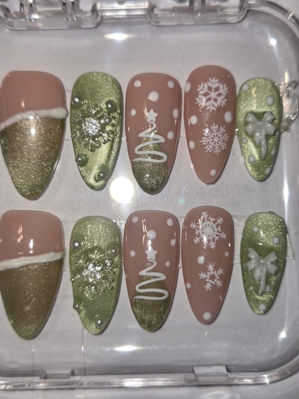Hand Crafted Green & Nude Holiday Press-On Nails